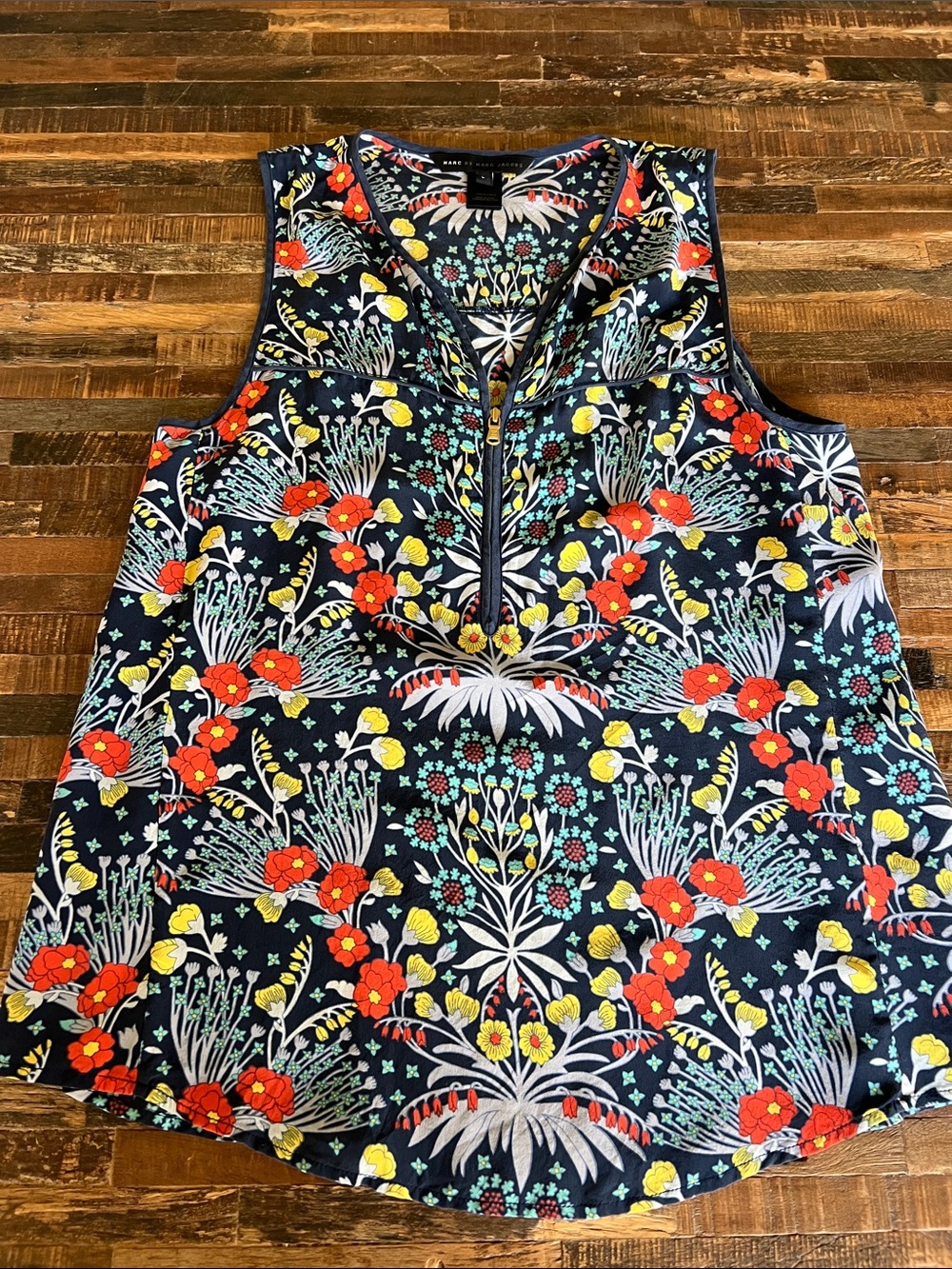 Marc By Marc Jacobs Navy Floral Zip-Front Camisole with Red & Yellow Flowers